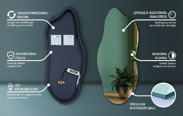 Miroir forme irrégulière lumineux 40x90 cm