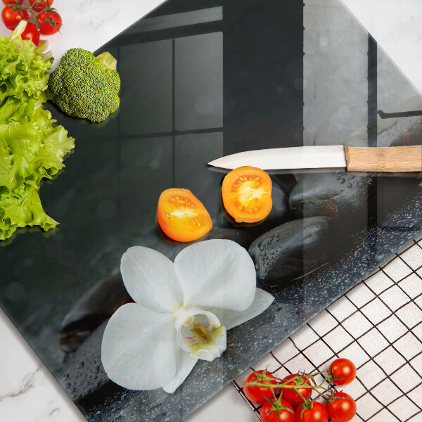 Protège plaque de cuisson Pierres Zen fleurs blanches