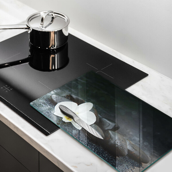 Protège plaque de cuisson Pierres Zen fleurs blanches