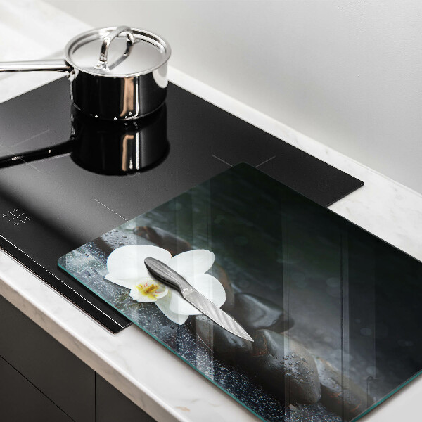 Protège plaque de cuisson Pierres Zen fleurs blanches