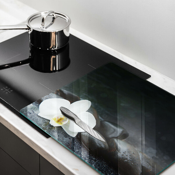 Cache plaque de cuisson Pierres Zen fleurs blanches
