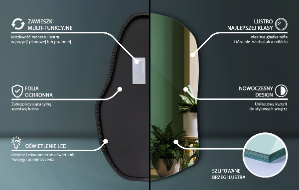 Miroir forme irrégulière lumineux unique 100x65 cm