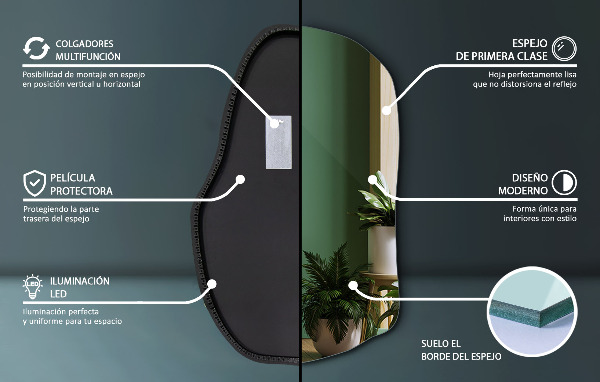 Miroir forme irrégulière lumineux unique 100x65 cm