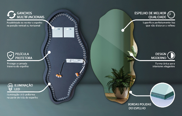 miroir forme organique led décoratif 50x100 cm