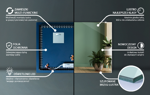 Miroir rectangulaire lumineux led 100x70 cm