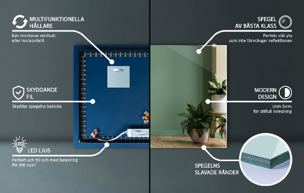 Miroir rectangulaire mural rétro éclairé 50x50 cm