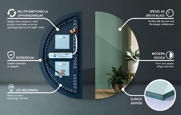 Miroir semi-circulaire led 25x50 cm