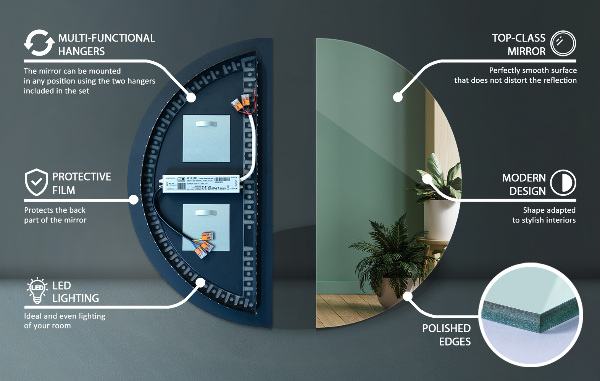 Miroir demi-cercle lumineux led 30x60 cm