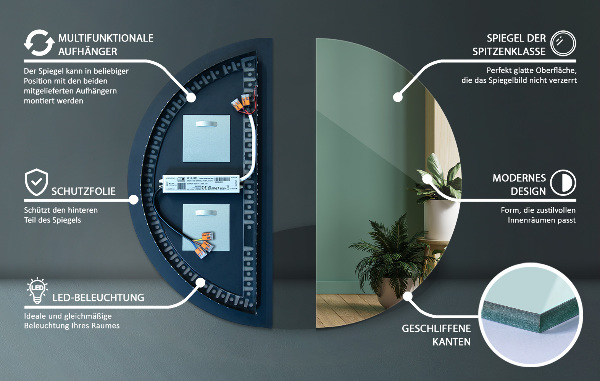 Miroir à led en forme de demi-cercle 35x70 cm