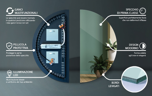 Miroir à led en forme de demi-cercle 35x70 cm