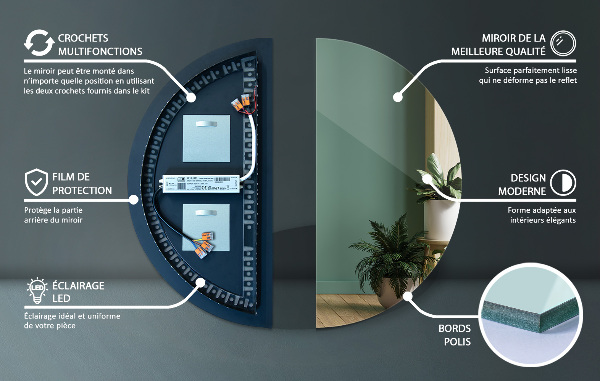 Miroir semi-circulaire avec éclairage led 40x80 cm