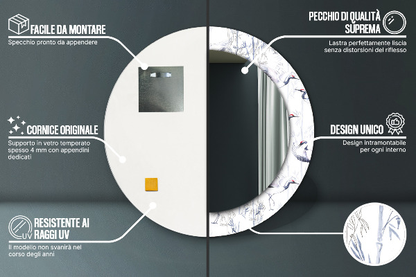 Miroir rond avec décoration Grues