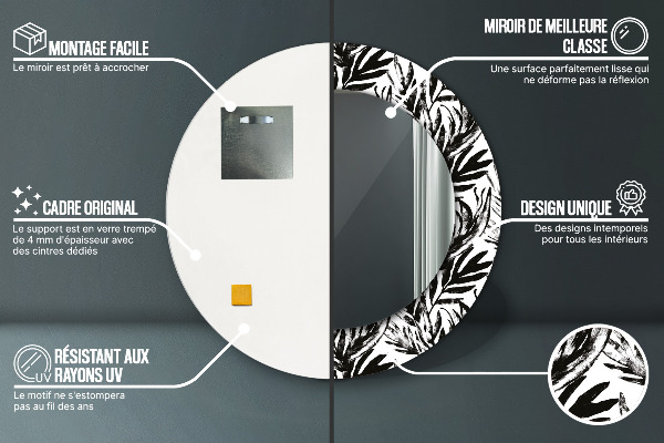 Miroir rond cadre avec impression Monstera