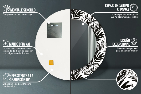 Miroir rond cadre avec impression Monstera
