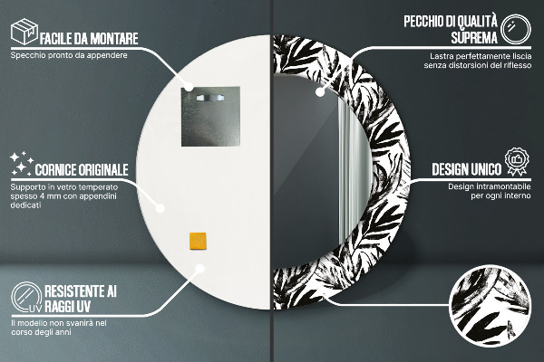 Miroir rond cadre avec impression Monstera