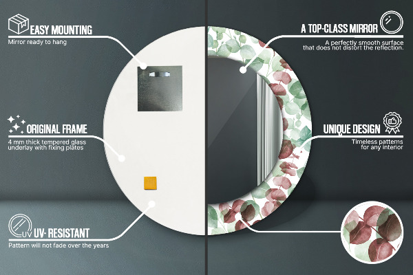 Miroir rond cadre avec impression Eucalyptus