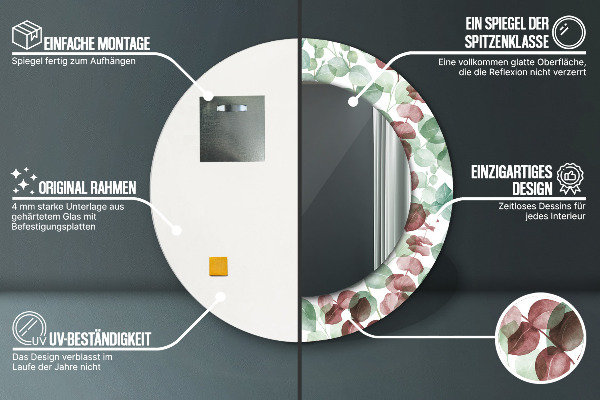 Miroir rond cadre avec impression Eucalyptus