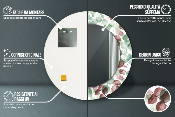 Miroir rond cadre avec impression Eucalyptus