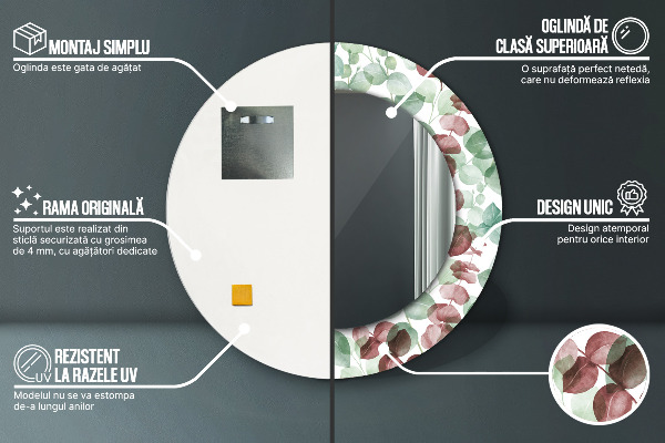 Miroir rond cadre avec impression Eucalyptus