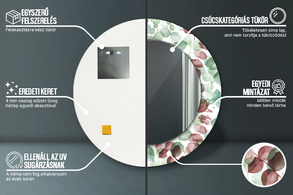 Miroir rond cadre avec impression Eucalyptus