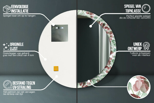 Miroir rond cadre avec impression Eucalyptus