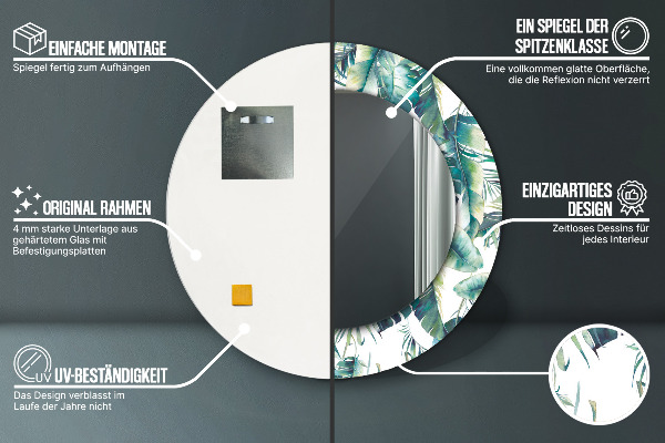 Miroir rond cadre avec impression Feuilles