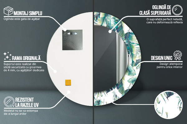 Miroir rond cadre avec impression Feuilles
