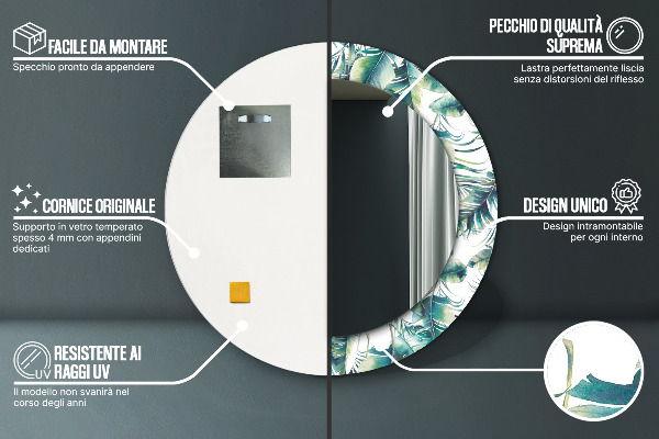 Miroir rond cadre avec impression Feuilles