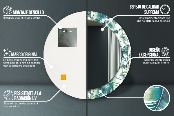 Miroir rond cadre avec impression Feuilles