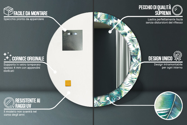 Miroir rond cadre avec impression Feuilles