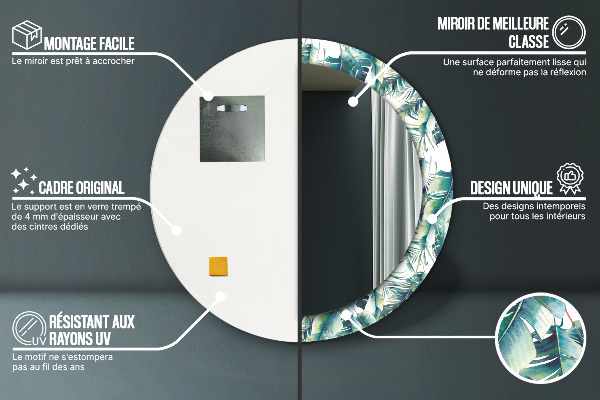 Miroir rond cadre avec impression Feuilles