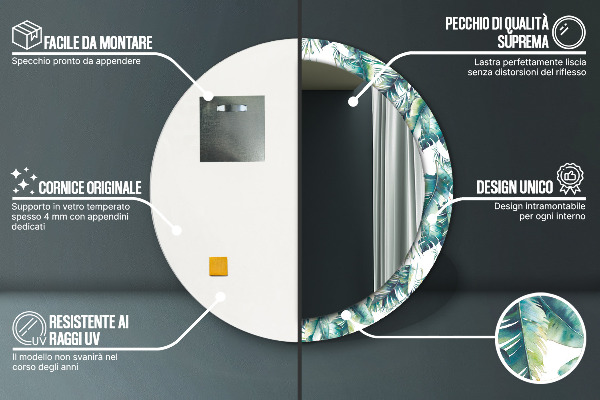 Miroir rond cadre avec impression Feuilles