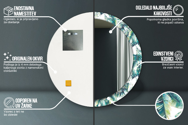 Miroir rond cadre avec impression Feuilles