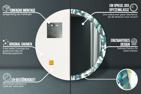 Miroir rond cadre avec impression Feuilles