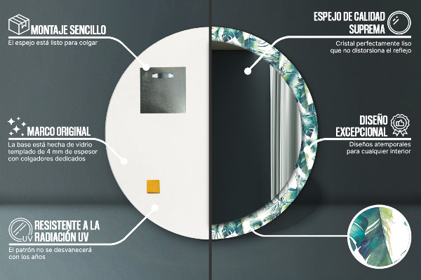 Miroir rond cadre avec impression Feuilles