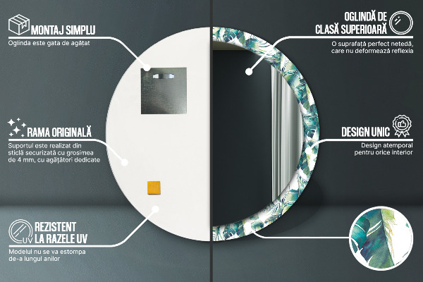 Miroir rond cadre avec impression Feuilles