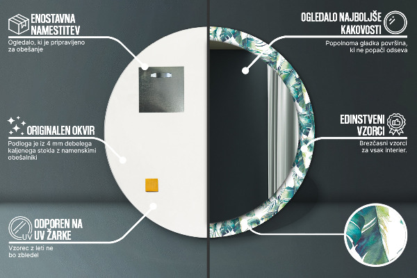 Miroir rond cadre avec impression Feuilles