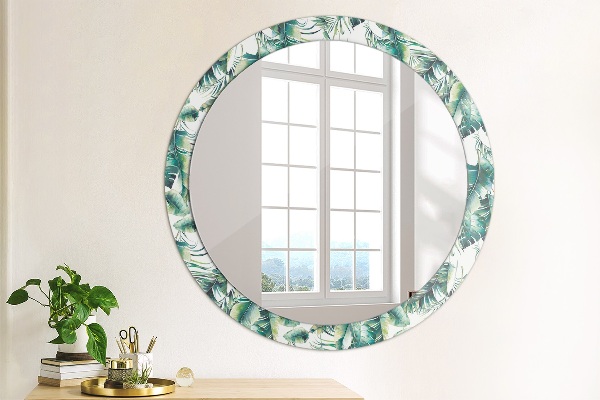 Miroir rond cadre avec impression Feuilles