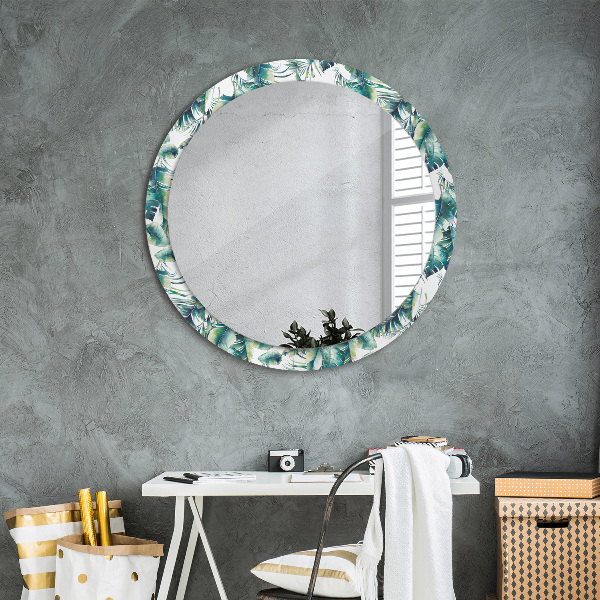 Miroir rond cadre avec impression Feuilles