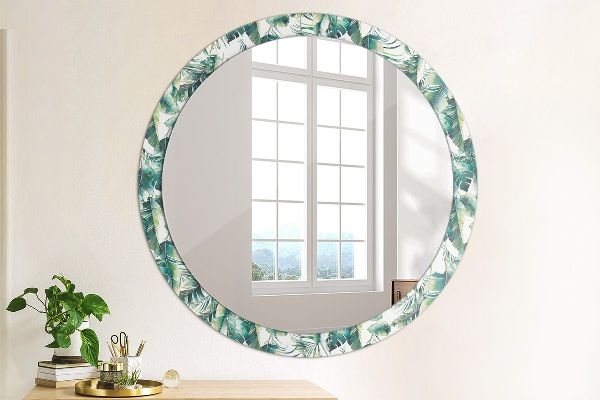Miroir rond cadre avec impression Feuilles