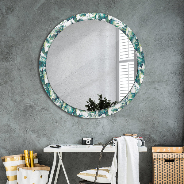 Miroir rond cadre avec impression Feuilles