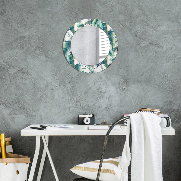 Miroir rond cadre avec impression Feuilles