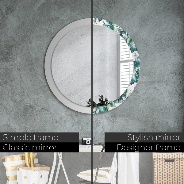 Miroir rond cadre avec impression Feuilles