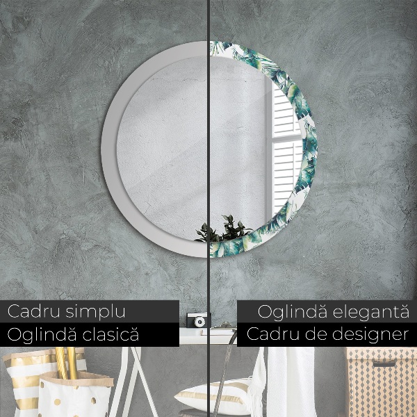 Miroir rond cadre avec impression Feuilles