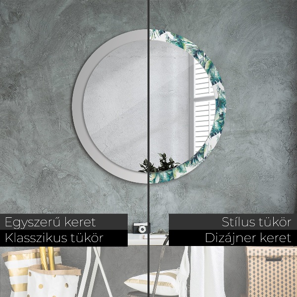 Miroir rond cadre avec impression Feuilles