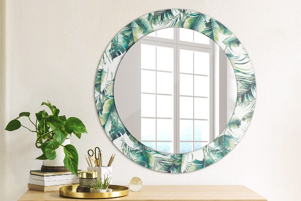 Miroir rond cadre avec impression Feuilles