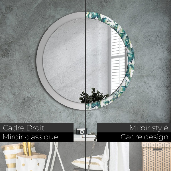 Miroir rond cadre avec impression Feuilles