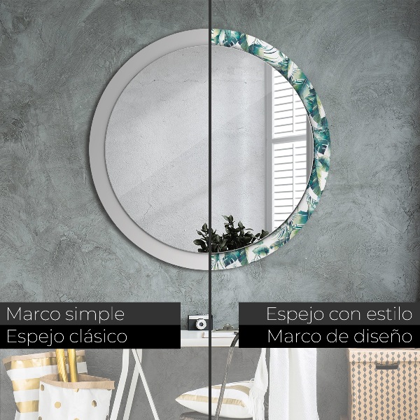 Miroir rond cadre avec impression Feuilles
