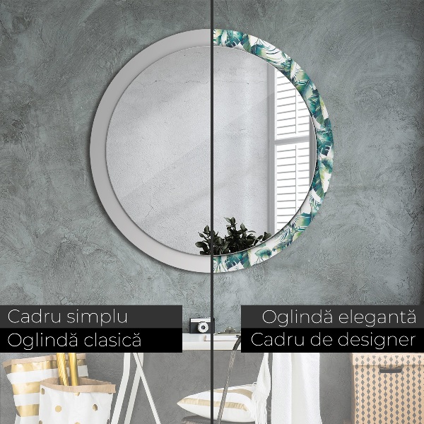 Miroir rond cadre avec impression Feuilles