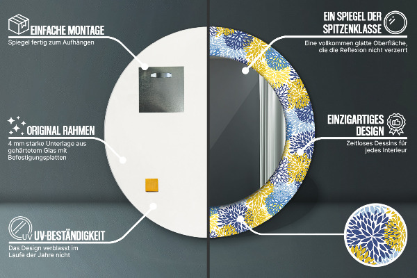 Miroir rond cadre avec impression Fleurs bleues